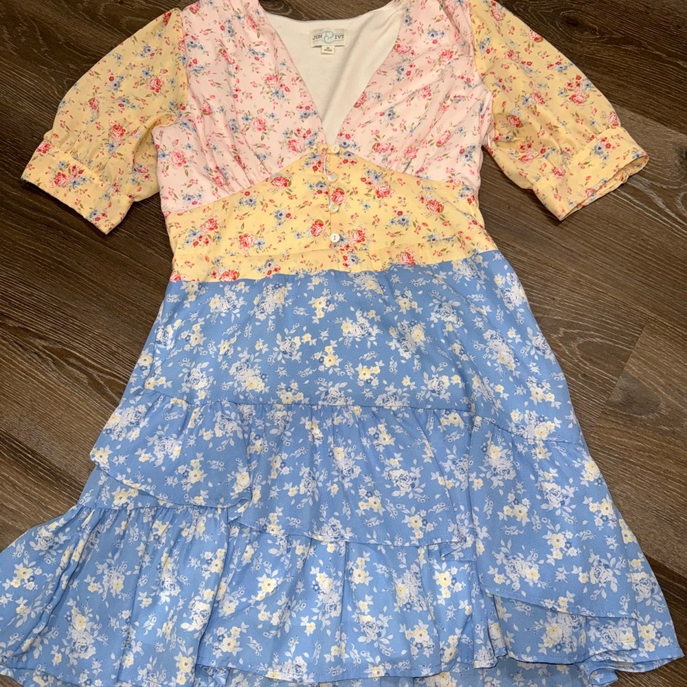 Floral Patchwork Mini Dress - Yellow, Pink, and Blue